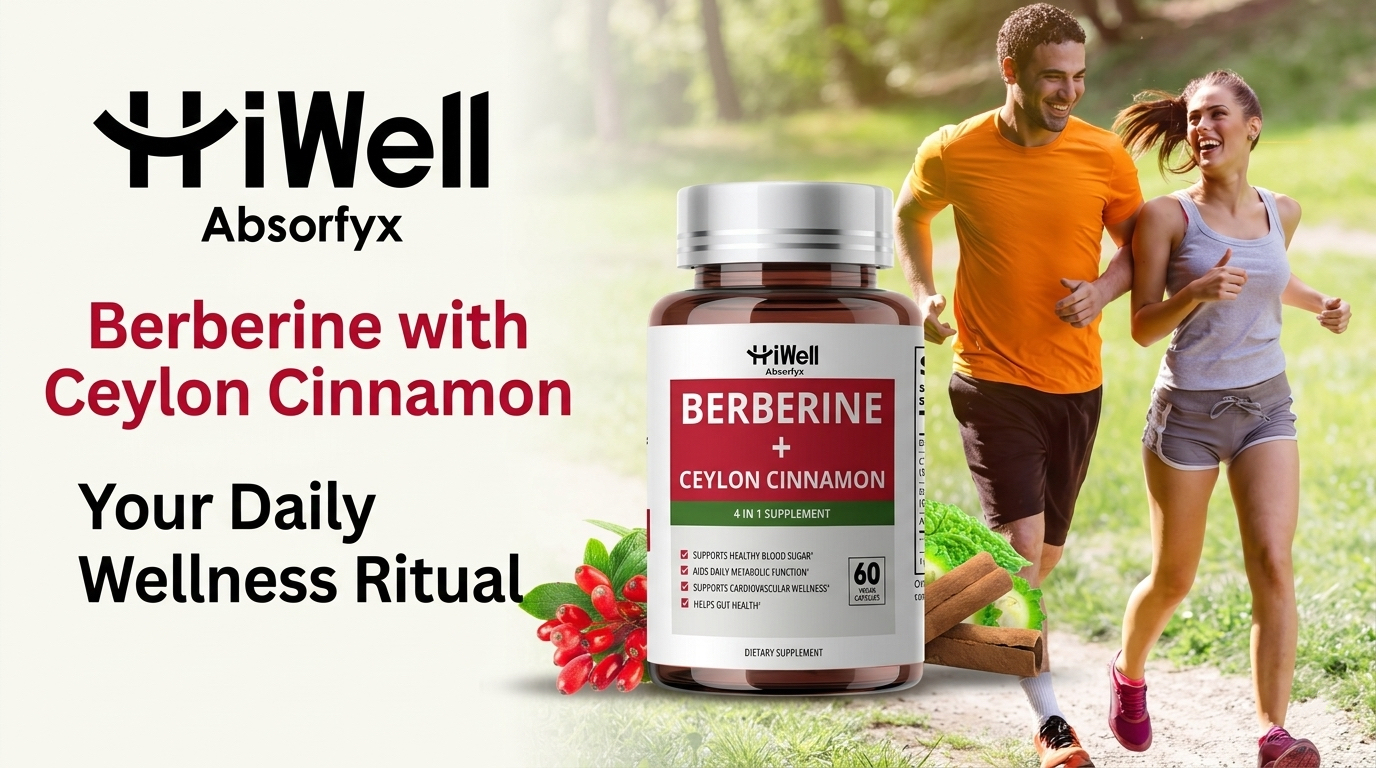 HiWell Absorfyx Berberine with Ceylon Cinnamon. 4-in-1 supplement for metabolic function, blood sugar, and cardiovascular wellness.