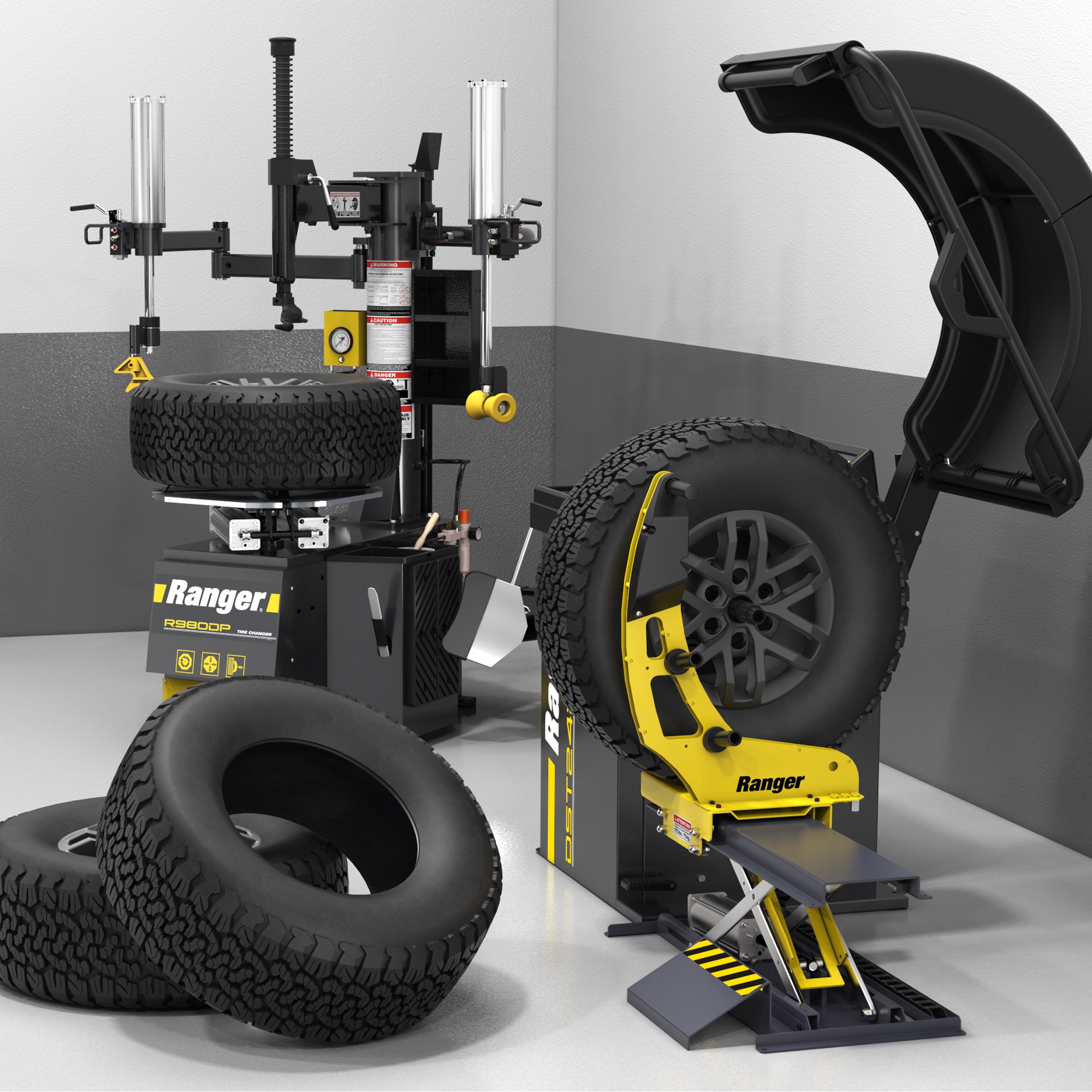 A Ranger RWL175 wheel lift supports a wheel being balanced in a wheel service bay