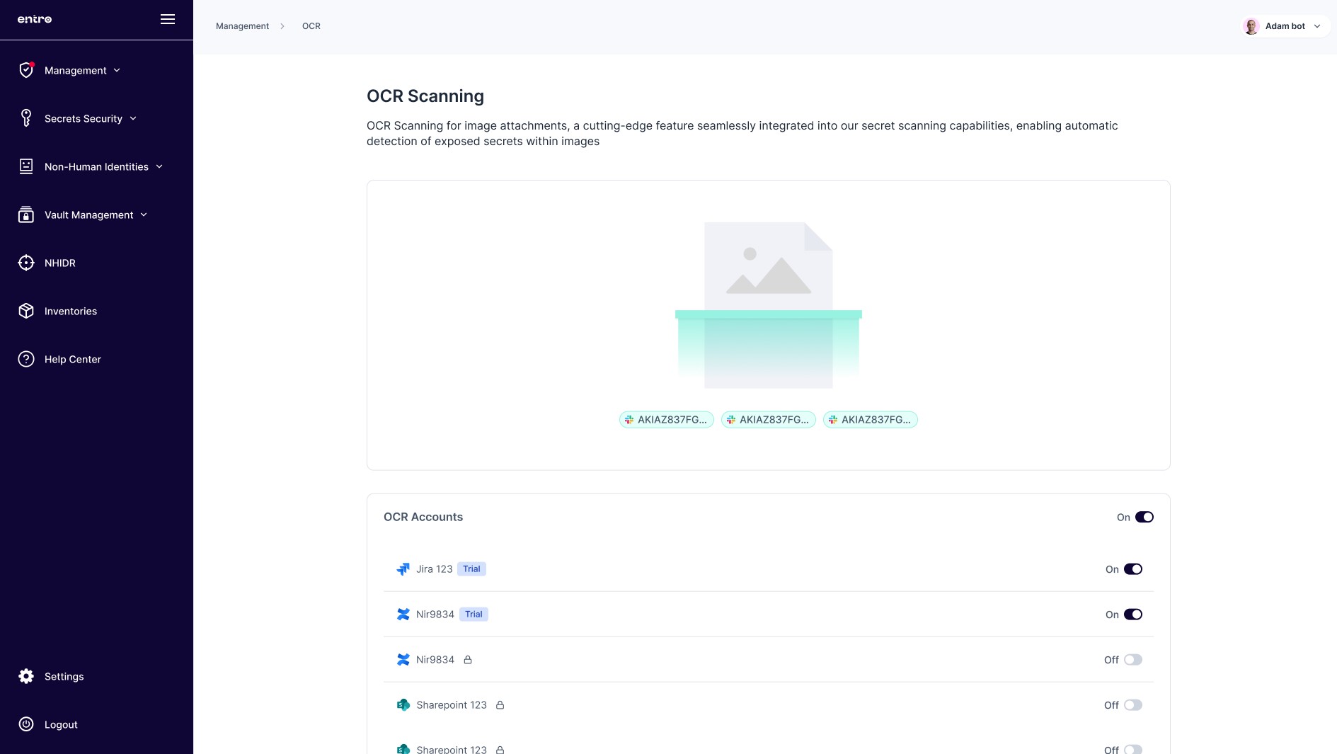 Entro's Optical Character Recognition (OCR) support for secret scanning