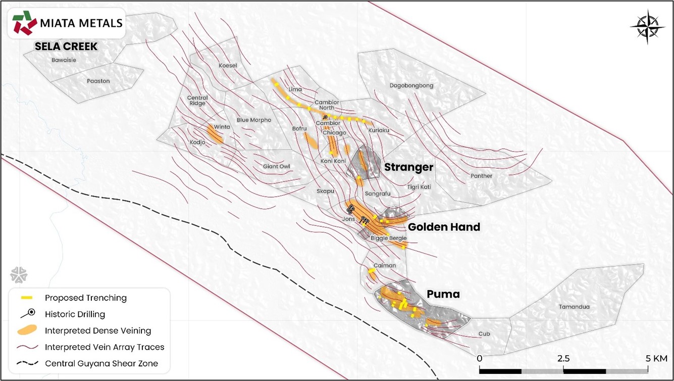 Target areas overlain on LiDAR data. Very-high confidence (drill-ready) targets are the Stranger, Golden Hand and Puma targets. At these targets, vein arrays are traced with high confidence, based multiple mapping and sampling data sets. These targets were investigated by Company geologists during the July geochemical sampling program. Additional target zones require further groundwork and data collection prior to being considered drill-ready. 