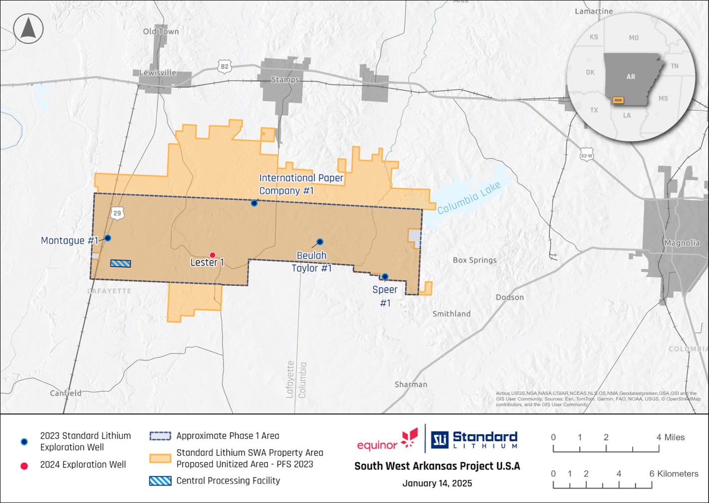 Map showing location of the Lester-1 well currently being drilled by the SWA team; plus locations of existing 2023 wells being tested and resampled as part of the current field program. The dashed grey box represents the approximate region of SWA Lithium's proposed first area of operation at the Project in southwestern Arkansas. The hatched box of the central processing facility shows the land owned by SWA Lithium that will be used to house all the process facilities for the Project.