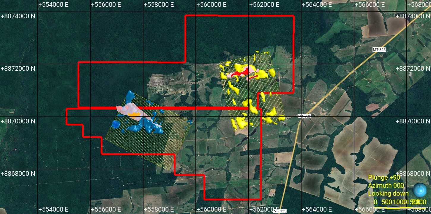 Copeçal Gold Project showing the Priority Targets (East and West) with the VLF-EM survey area, the High Resistivity Anomaly (greater than 1800 ohm*m - East), the High Conductivity Anomaly ( less than 250 ohm*m - West) relative to coincident surface and saprolite Au Geochemistry Anomalies (greater than 100 ppb Au - East and greater than 50 ppb Au - West).
