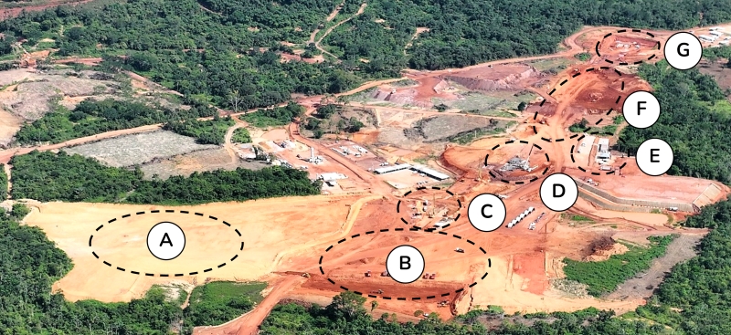 April 2023 aerial view of the Tucumã Project, including (A) administrative offices, laboratories, fuel station, and equipment maintenance area, (B) flotation and filtration, (C) ball mill, (D) crushed ore stockpile, (E) main substation, (F) secondary and tertiary crushers, and (G) primary crusher.