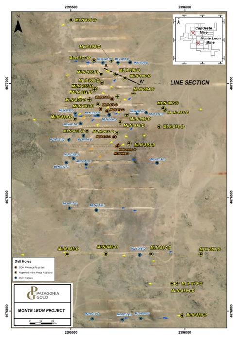 Location of MLN and Capo in the El Tranquilo concession black. (New drill holes are noted in yellow font)