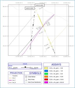 O2Gold Intercepts 20 g/t Au at the Main Aurora Vein, Which Has a Projected Extension of at Least 700 Meters, at Only 97 Meters of Depth