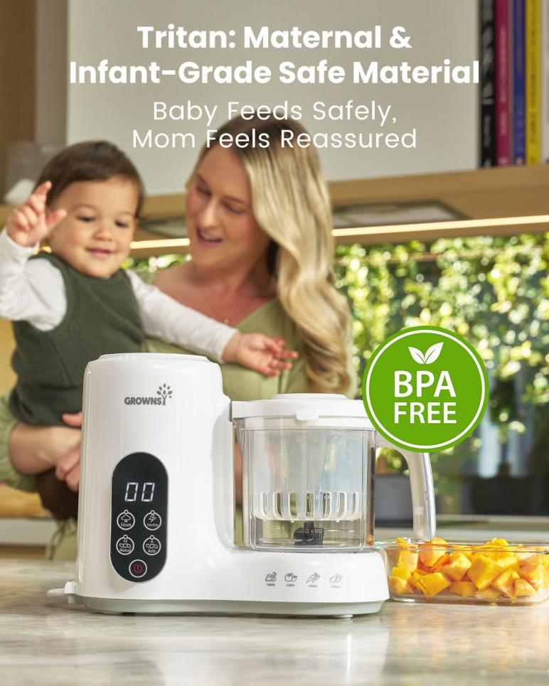 the GROWNSY Baby Food Maker‘s BPA-free Tritan blending cup, a maternal and infant-grade safe material that ensures safe feeding