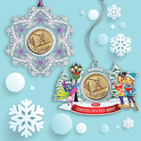 United States Mint Holiday Ornament (left),Mighty Minters™ Ornament (right)