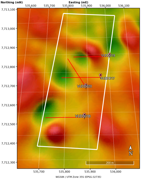 Central Vumba target area showing the VUDD017 opening hole in relation to VUDD020 (2nd planned hole) and the 1VD_UP15 magnetic map.