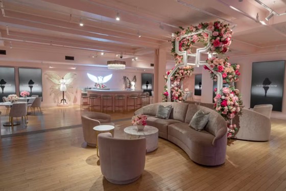 Samsung 4K displays run campaign content alongside the Champagne bar and mannequin displays at Victoria’s Secret Fifth Avenue. Photo: Adrian Wilson / Courtesy of Victoria’s Secret