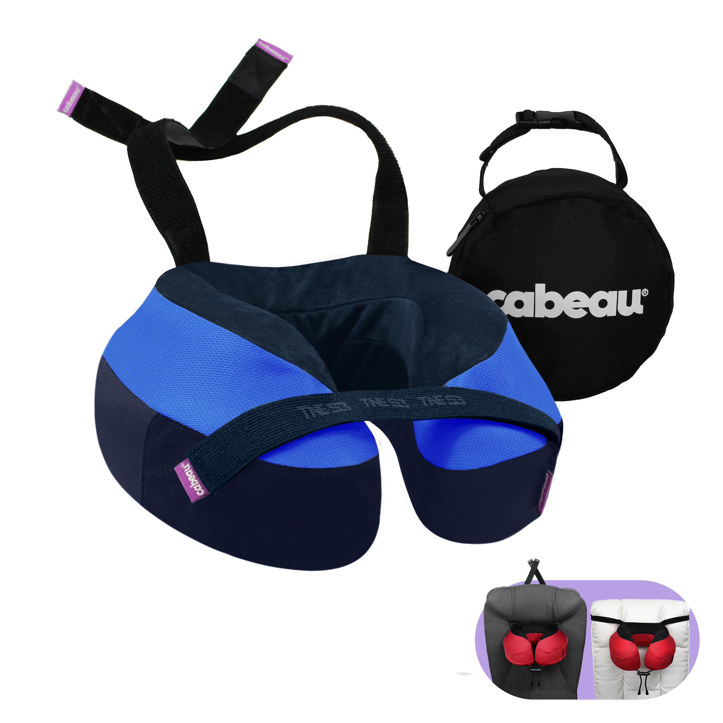 Image shows Cabeau's new TNE S3 travel and neck pillow in bright blue with a travel case.