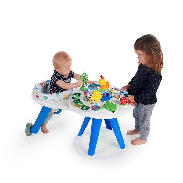 The innovative 4-in-1 Around We Grow Discovery Center brings the benefits of a traditional baby walker and stationary entertainer together in one solution. 
