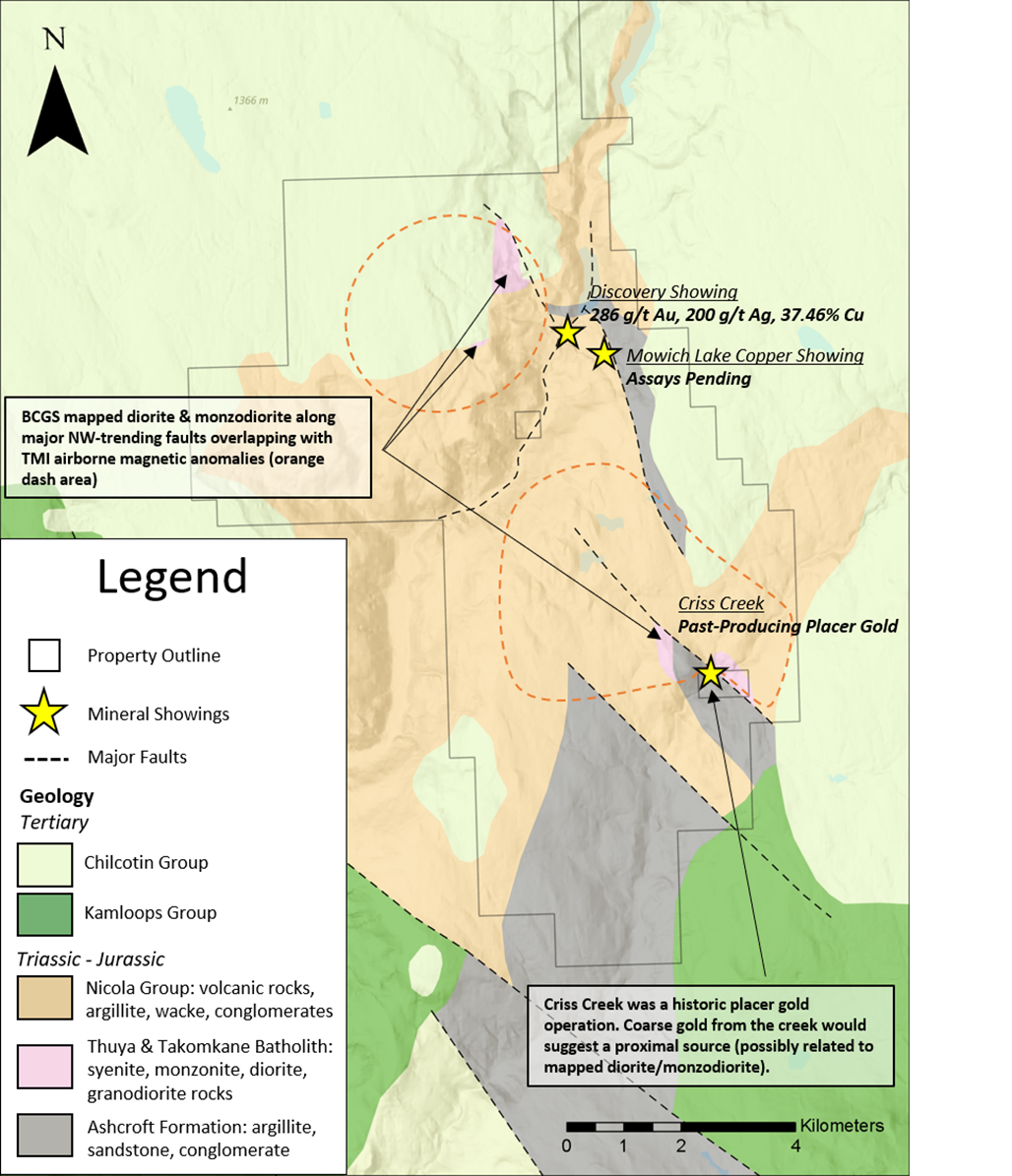The newly expanded Mowich Zone claims overlying prospective intrusive diorites/monzodiorites and geophysical magnetic anomalies. The high-grade results from the Discovery showing are a strong indicator of the mineral potential in the area.