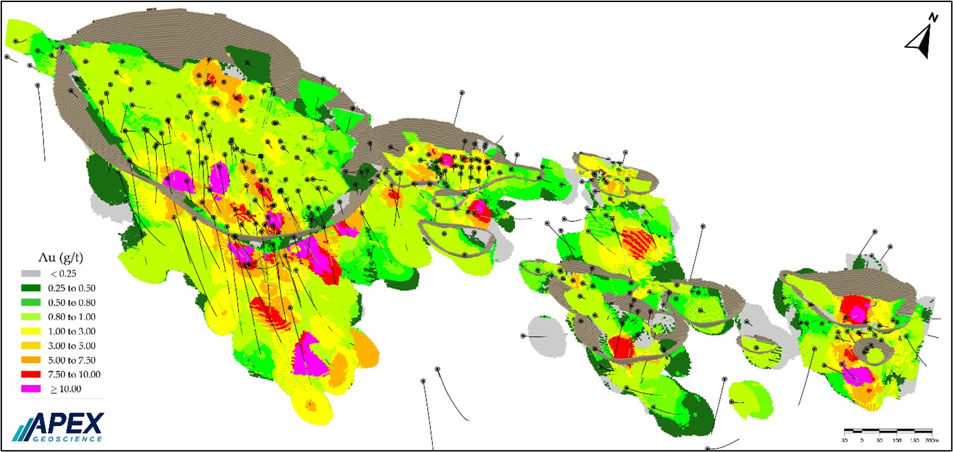 Vue oblique de la coquille fosse conceptuel (beige) de l’ERM de 2025 de Duquesne West  et modèle de blocs aurifères (code de couleur) et traces des forages (en noir)