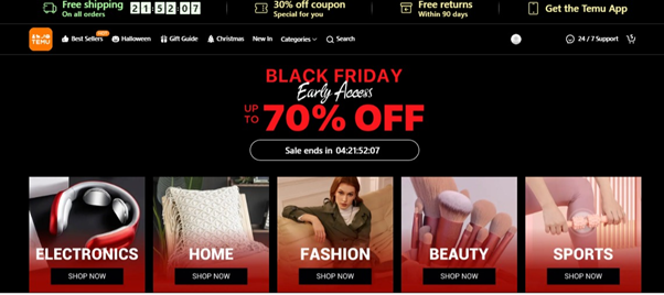 Temu offers up to 70% off selected merchandise for Black Friday Early Access promotion