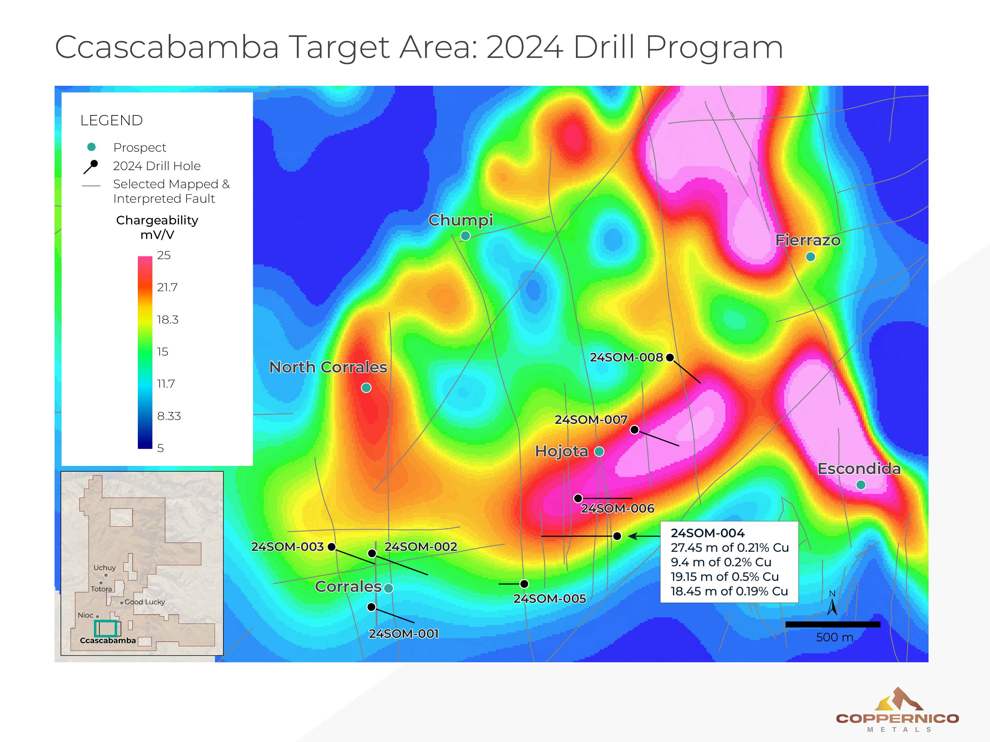 Plan map of Phase 1 drilling completed to date at the Ccascabamba target area. Assay results pending from holes 6, 7 and 8.