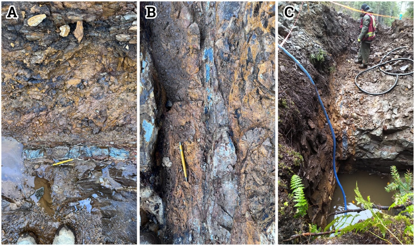 Figure 1: Massive Stibnite Mineralization Exposed in a) Trench 3 b) Trench 10 c) South Shaft
