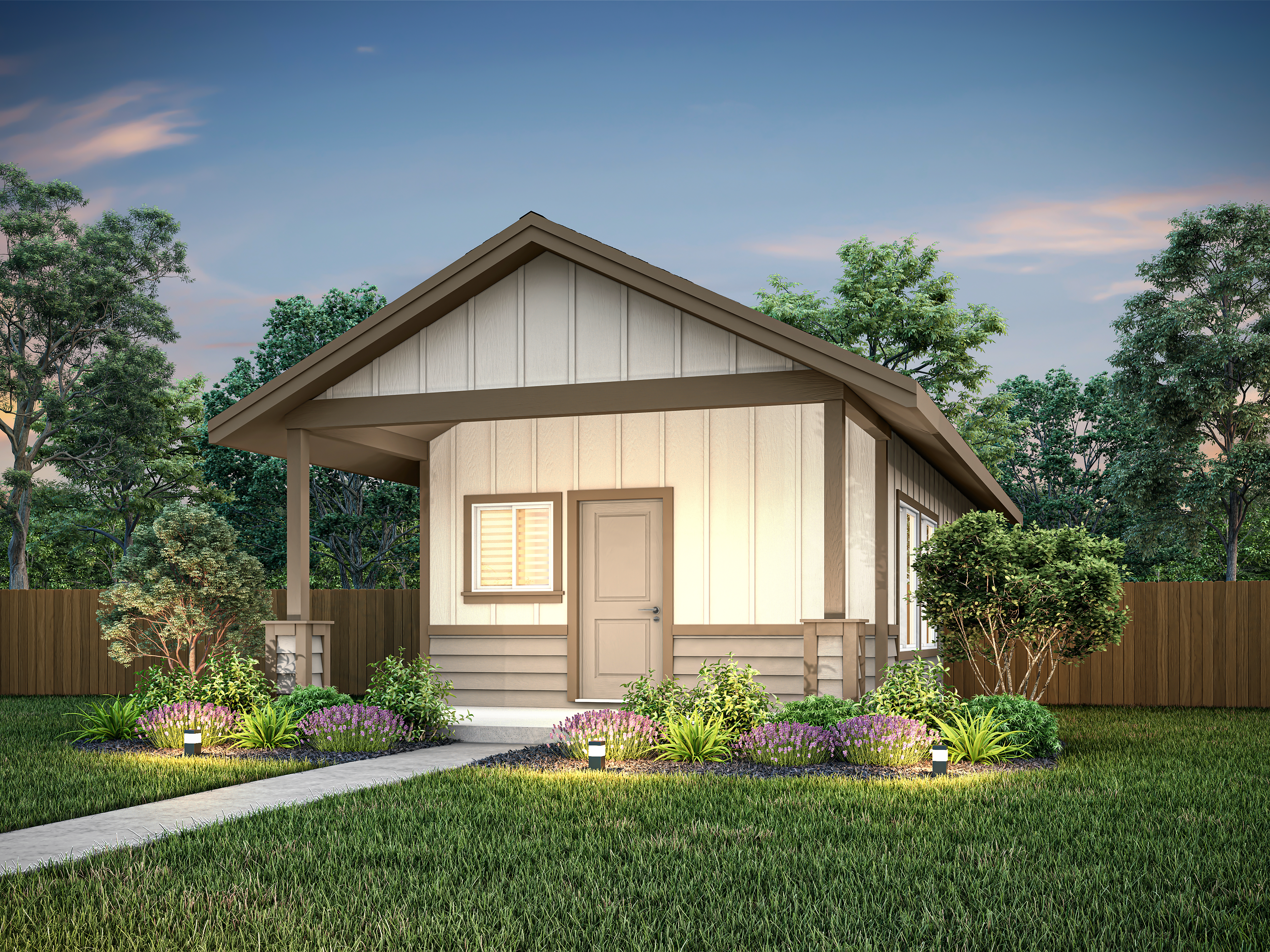 Artist rendering of the ADU Plan by LGI Homes in white siding with brown trim and light brown accents.