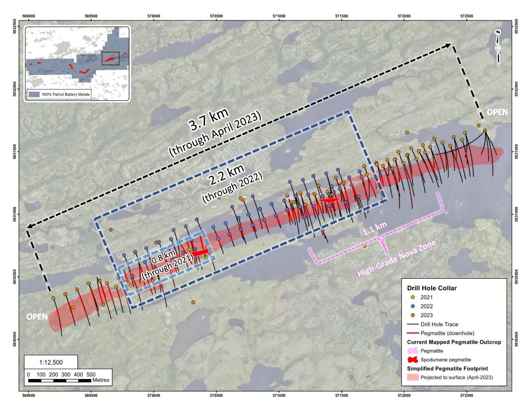 Figure 4: Growth of the CV5 Pegmatite since discovery hole in late 2021.