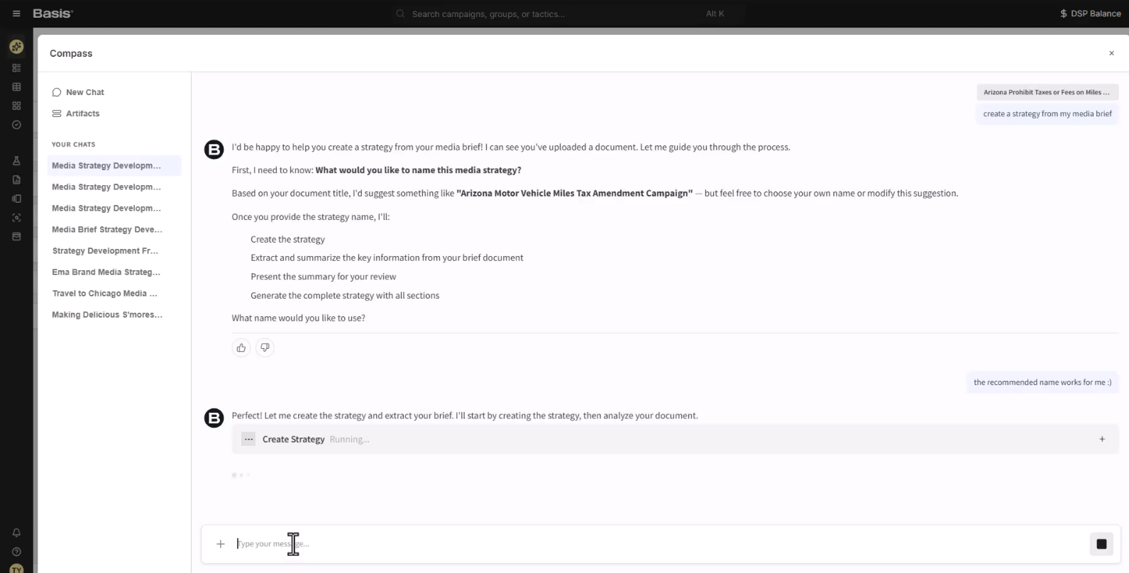Basis' Compass walks users through strategy generation.