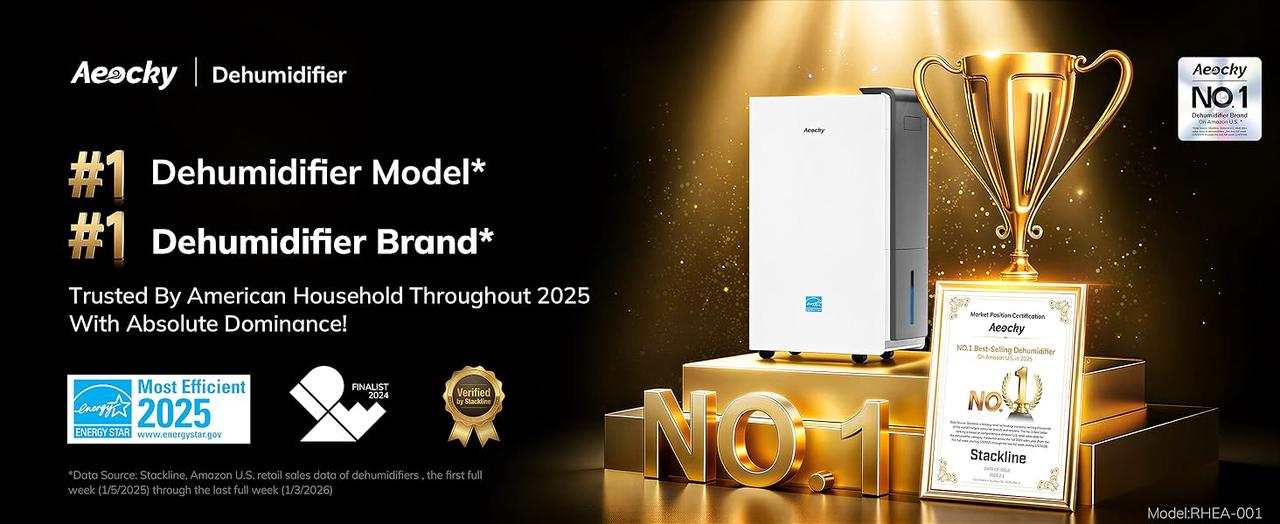 Rhea-001 ENERGY STAR Most Efficient dehumidifier displayed with No.1 brand and model awards for U.S. households in 2025.
