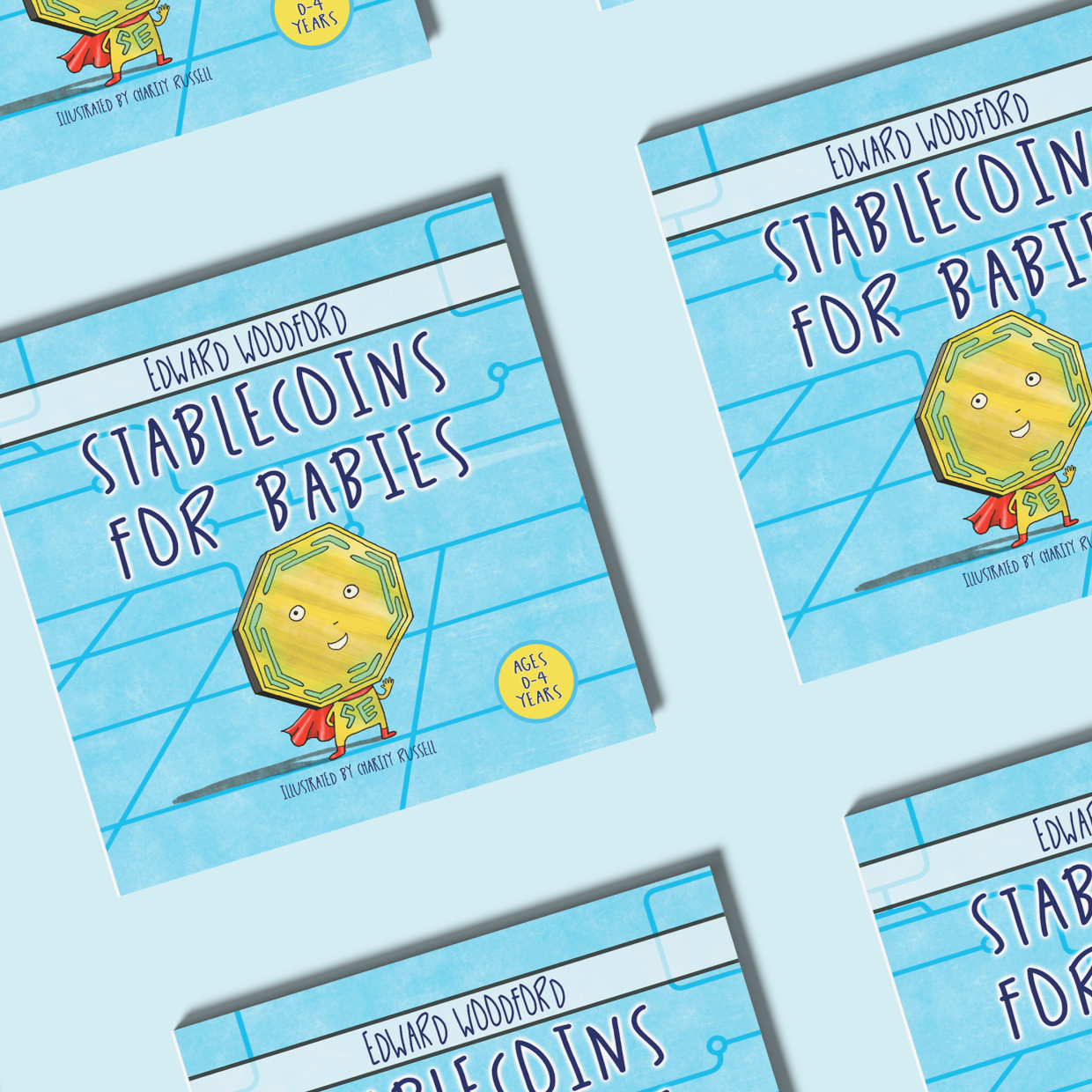 Illustrated book cover of "Stablecoins for Babies," a children's guide to understanding stablecoins, digital payments, and beginner financial literacy