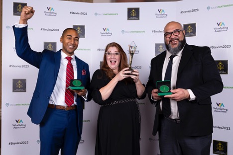 Accepting the 2023 Stevie® Awards on behalf of Pushpay (from left to right):Jamie King | Enterprise Account Executive Nikole Armbrust | Customer Technical Support Team Lead Richie Chambers | Director, Customer Support