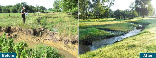 Horst Before: "Prior to construction, this Maryland water quality project site was heavily eroded, affected by cattle and lack of a riparian buffer". (Left)

Horst After: "Restoration of the Maryland Water Quality sites reestablished a natural stream pattern, decreasing erosion and improving water quality of these important inputs into the Chesapeake Bay". (Right)