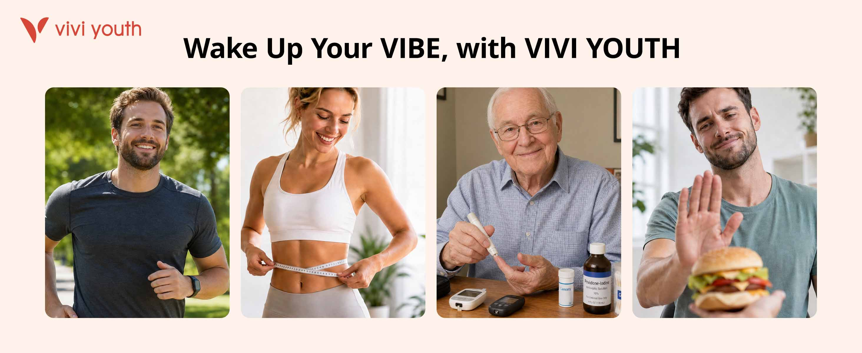 ViViYouth Berberine with Ceylon Cinnamon lifestyle collage showing exercise, healthy weight, glucose monitoring, and mindful eating.