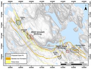 Plan map of the Goose Project, with location of planned open pits and areas of 2022 drilling targets.