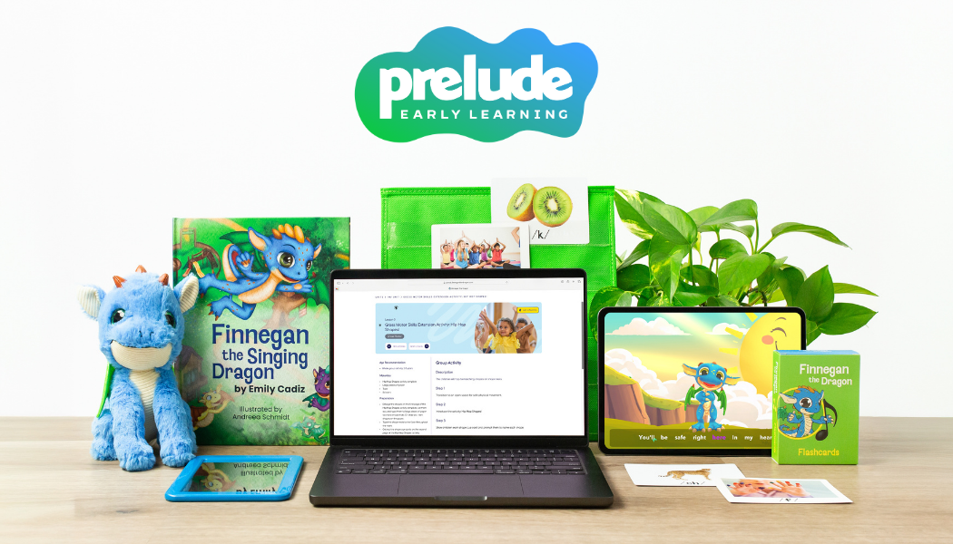 a computer screen and cartoon characters showing Finnegan the Dragon and the Prelude Early Learning system.