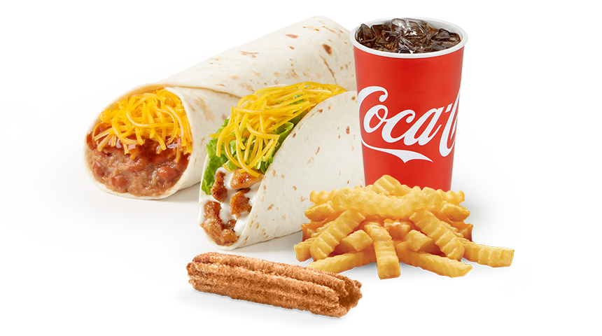 $5.49 B&C Burrito Mucho Meal: Grab 2 of our favorites! A Bean & Cheese Burrito with a choice of red or green sauce, a Grilled Chicken Taco, a Mini Cinnamon Churro, small Crinkle Cut Fries, and a 16oz Fountain Drink for only $5.49!