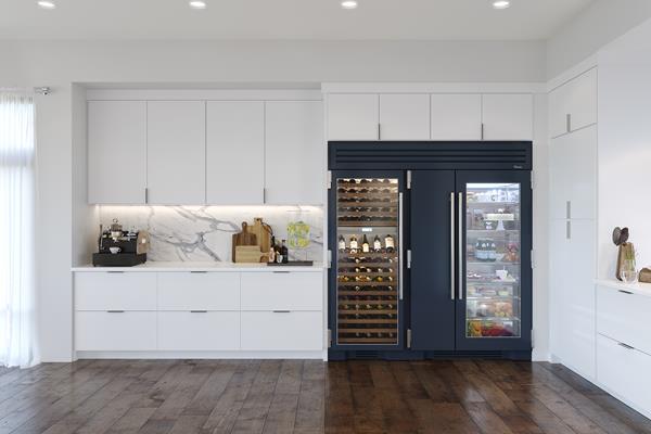 True Residential's 48” Side-by-Side Refrigerator/Freezer is paired with the brand's 30” Wine Column for an uber-chic, 78” refrigeration setup shown in the Juniper finish. 