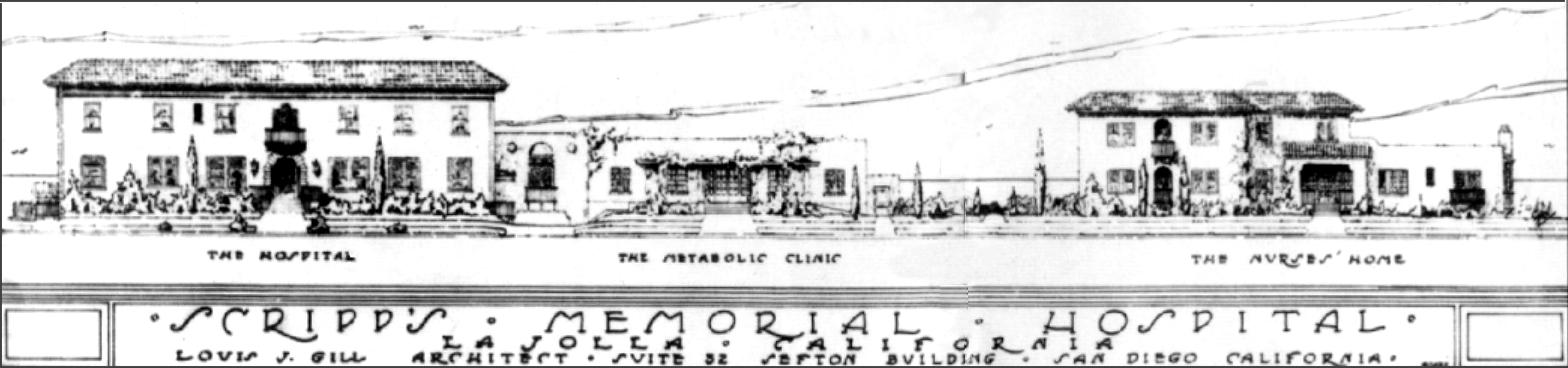 Architectural drawing of the original Scripps Memorial Hospital and Scripps Metabolic Clinic