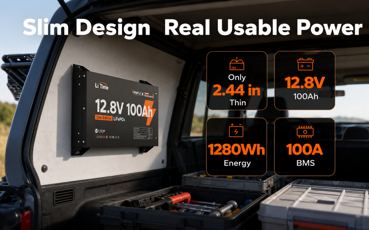 LiTime 12V 100Ah Ultra Slim LiFePO4 Bluetooth Self-Heating Battery with High Usable Energy