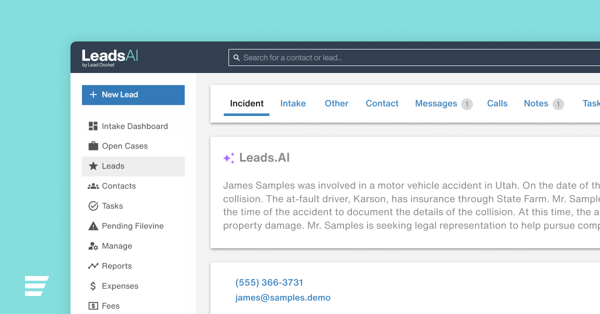 LeadsAI redefines how lawyers intake cases by offering an array of powerful features, including Lead Summary, Message Summary, and Notes Summary.