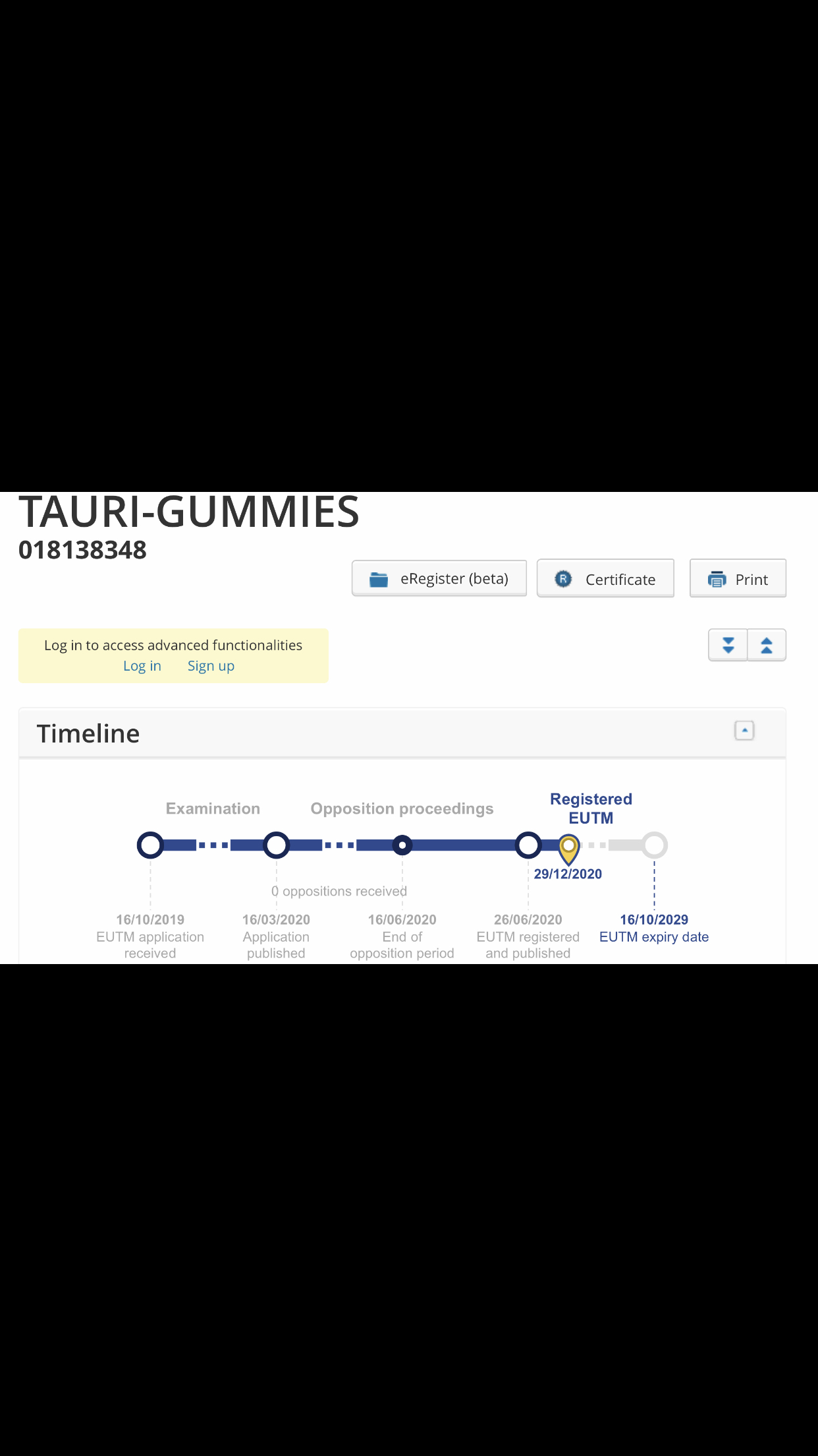 Snapshot of Tauri-Gummies™ EU Trademark