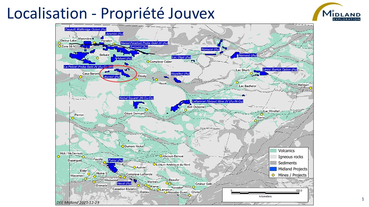 Midland débute des travaux de forage sur son projet aurifère Jouvex au nord-ouest du gîte Douay en Abitibi