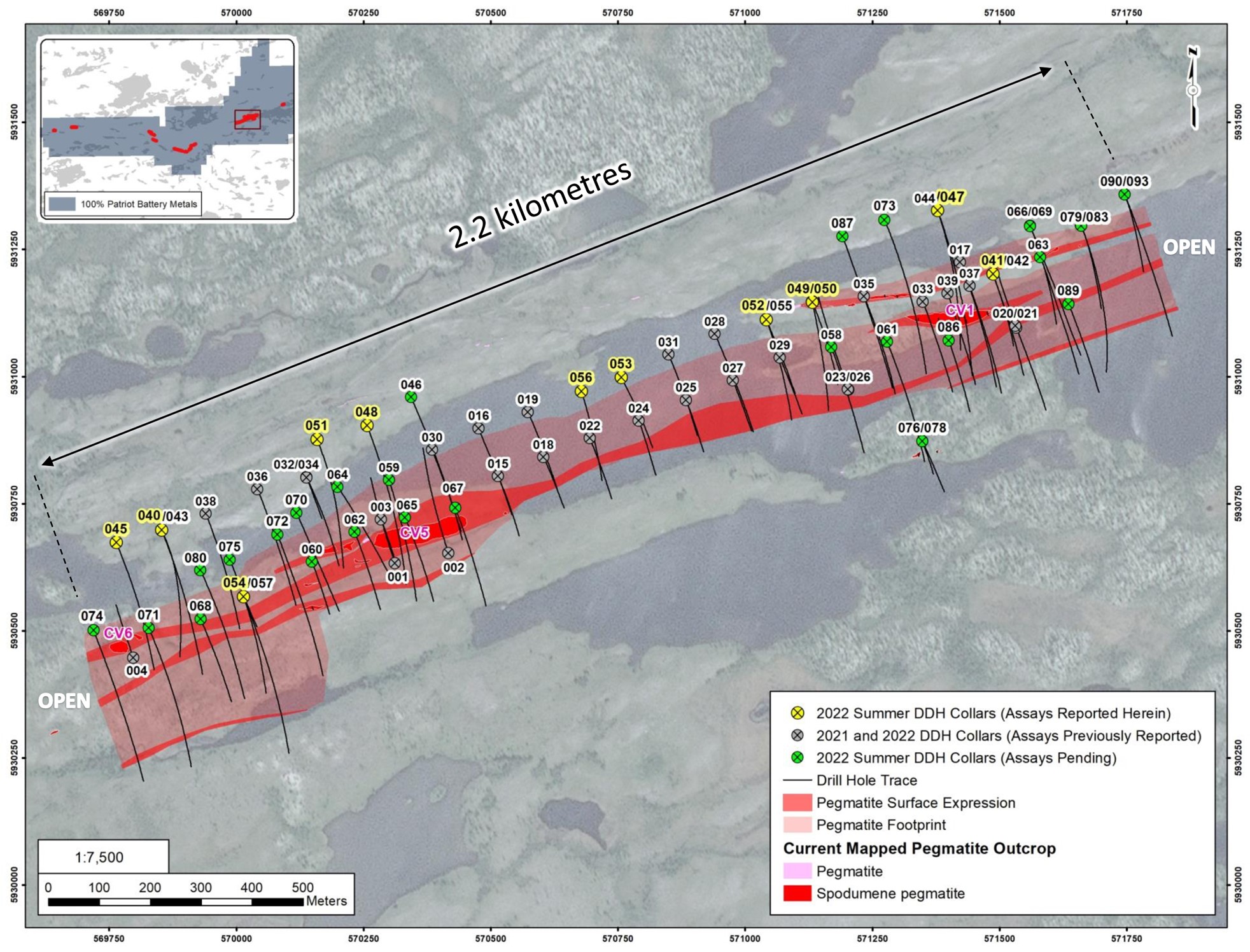 Drill hole collar locations at the CV5 Pegmatite corridor for holes completed through October 5th, 2022, as part of the 2021-2022 drill campaigns