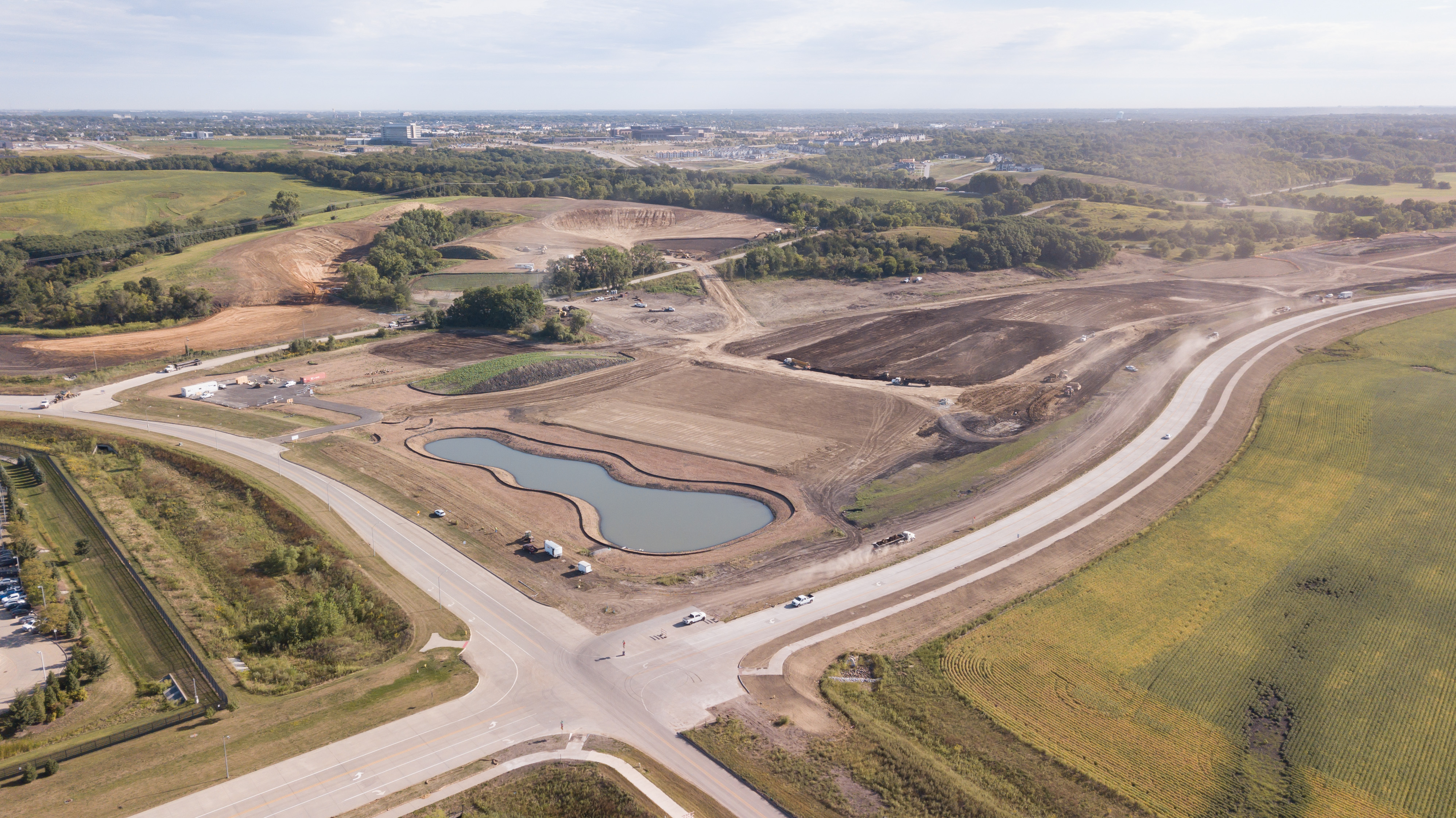 This aerial view of Des Moines University’s new campus site in West Des Moines, Iowa, was taken from the southwest edge of the property looking northeast, at the junction of South 88th Street and Grand Avenue. 