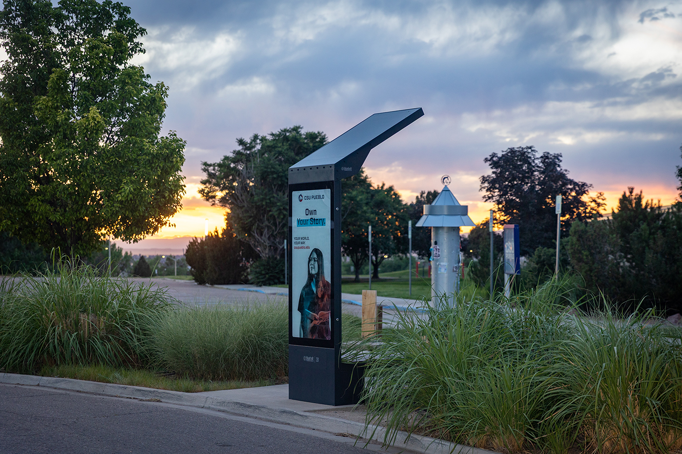 Bluebolt Outdoor Solar-Powered Bench at Sunset