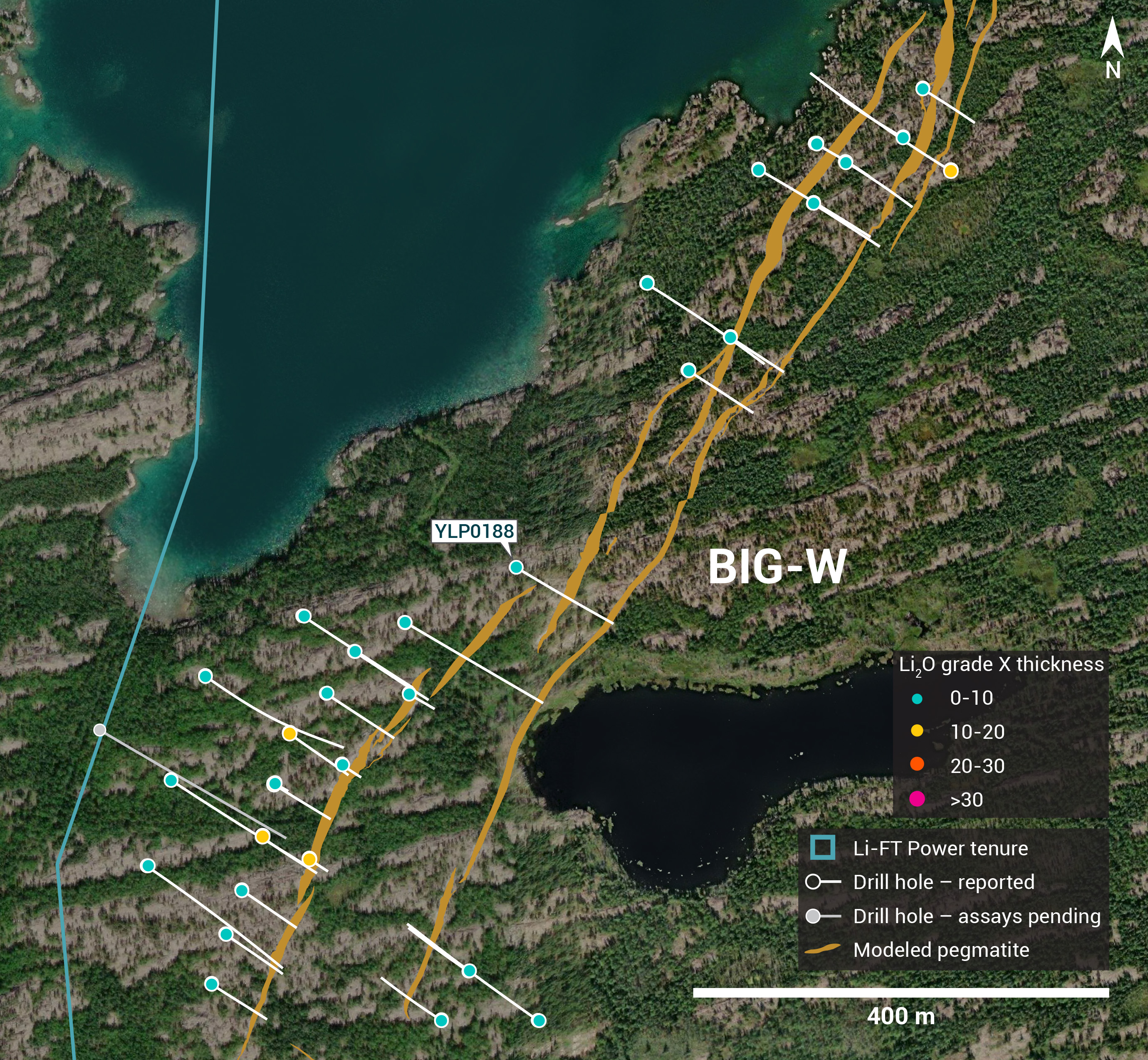 Plan view showing the surface expression of the BIG West pegmatite with diamond drill hole reported in this press release.