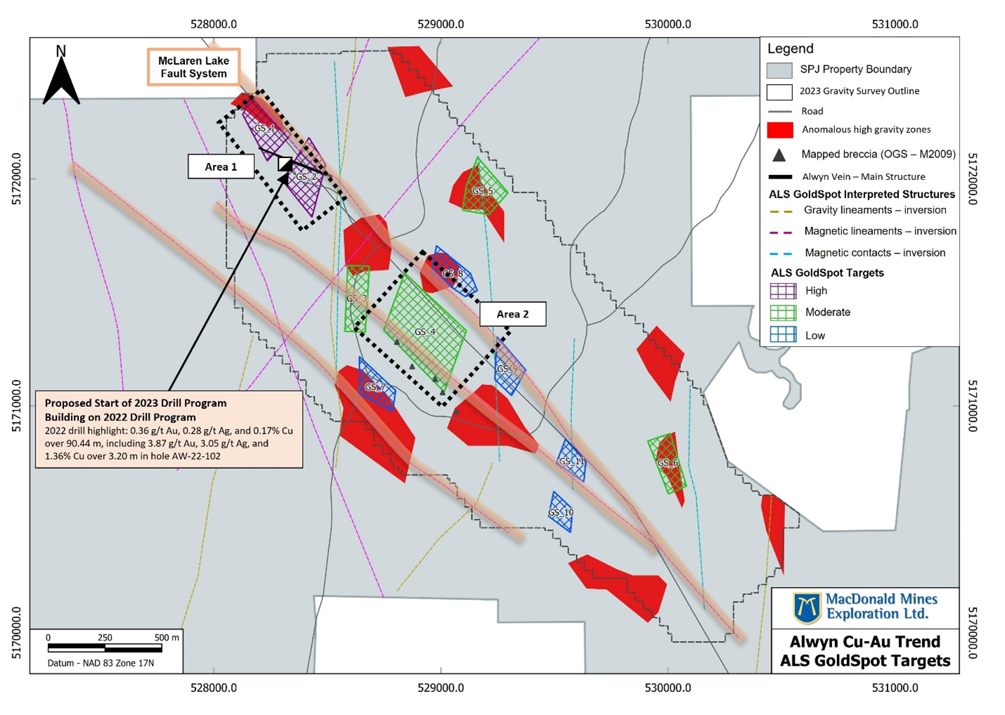 ALS GoldSpot AI generated targets and proposed location for 2023 drill program at Alwyn. Note that drilling will take place within Area 1, which encompasses two of the highest priority ALS GoldSpot targets. Area 2 outlines the other major area of interest highlighted by ALS GoldSpot, which will be follow up on with prospecting and mapping this summer.