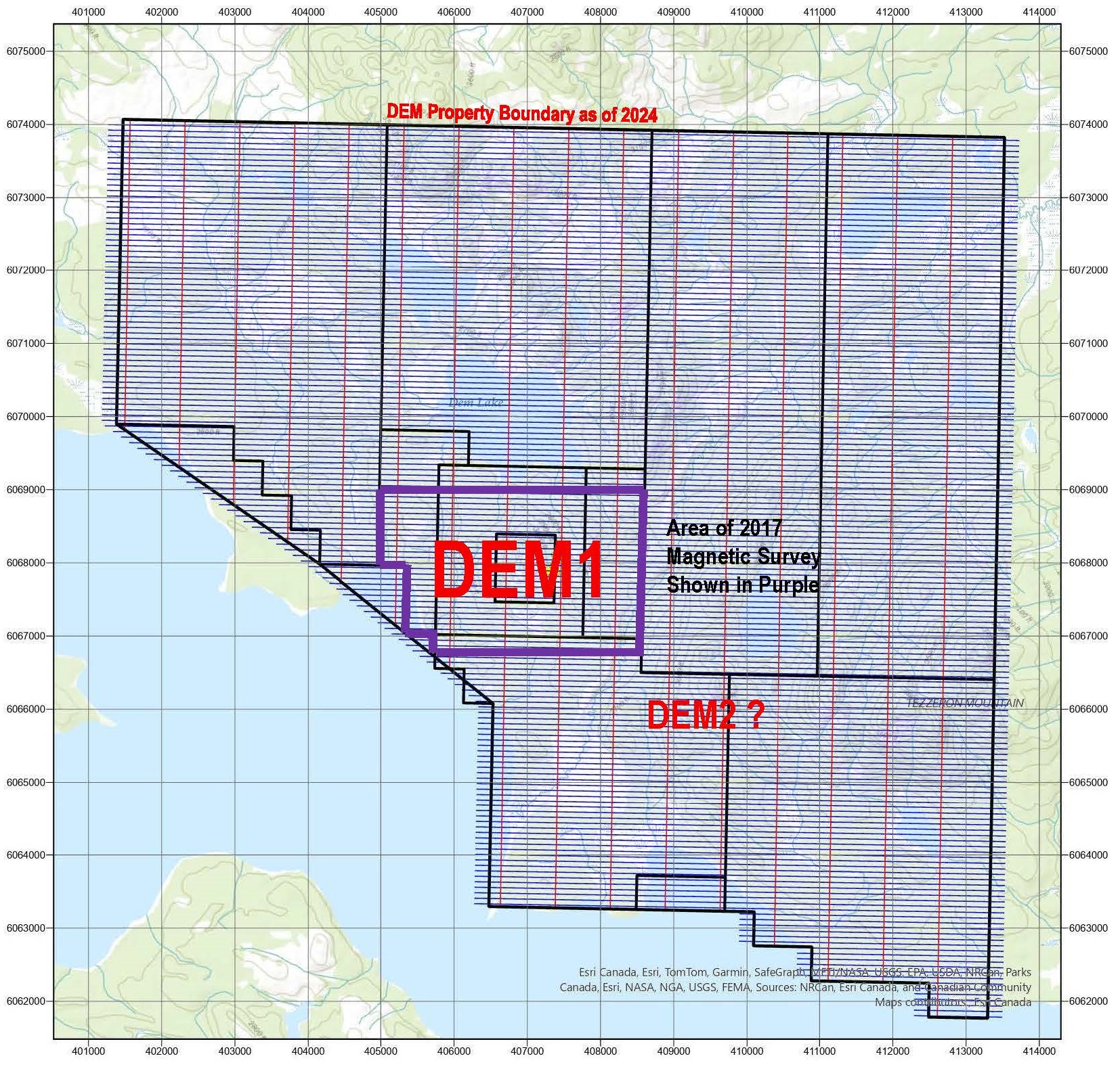 Figure 1 - DEM Property February 2024 Heliborne Magnetic Survey Coverage Area