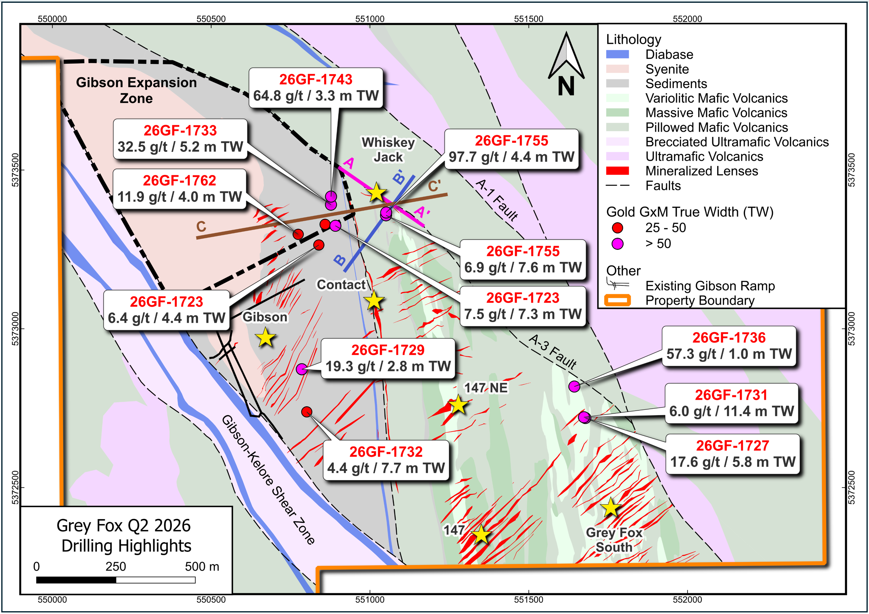 Figure 2. Plan Map for Grey Fox Project Highlighting Q2 Drill Results