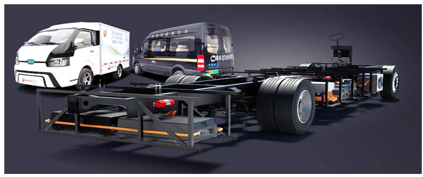 The Ev Dynamics fully configured new energy vehicle (NEV) chassis supports rapid conversion of existing OEM fossil fuel-based vehicle designs. 