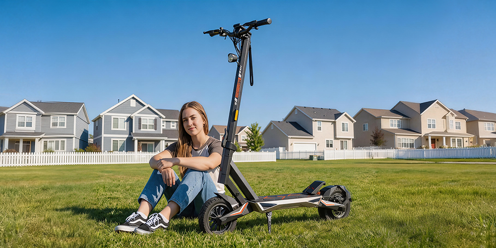 Young woman relaxes on grass beside the compact ONECNA T3 electric scooter outdoors.