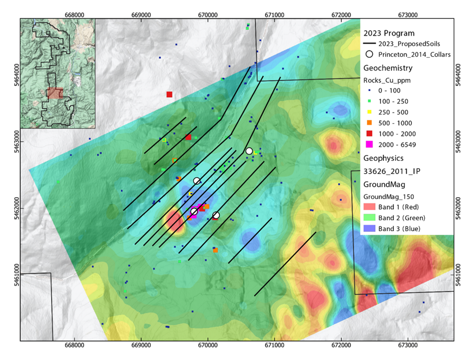 Proposed soil lines plotted with respect to horizontal slice (75 m depth) of Magnetic Susceptibility from ground magnetic results. Anomalous rock geochemical results shown (see legend) together with the location of initial drill holes completed by the previous operator (white dots).