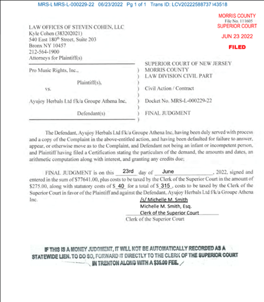 Final Judgment by Superior Court of New Jersey in Morris County (Docket # MRS-L-000229-22)