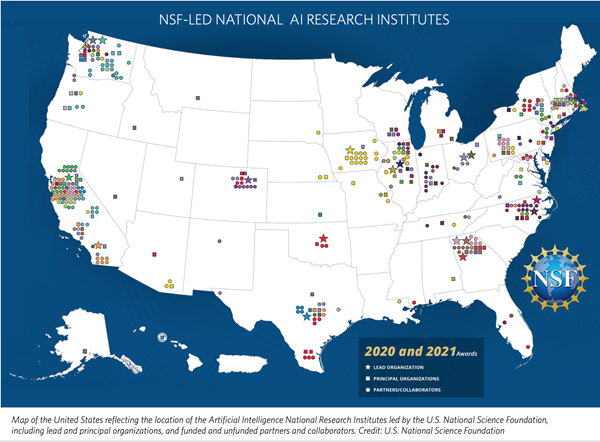 Description: Map of the United States reflecting the location of the Artificial Intelligence National Research Institutes led by the U.S. National Science Foundation, including lead and principal organizations, and funded and unfunded partners and collaborators.

Credit: U.S. National Science Foundation.