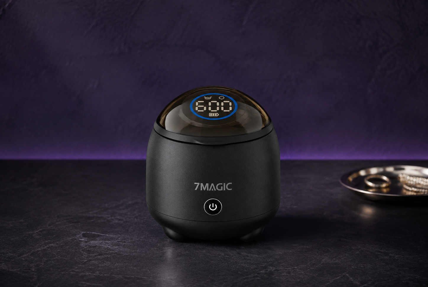 7MAGIC SonicPod Go portable retainer cleaner shown in bathroom, post-workout and travel settings for everyday cordless oral appliance care.